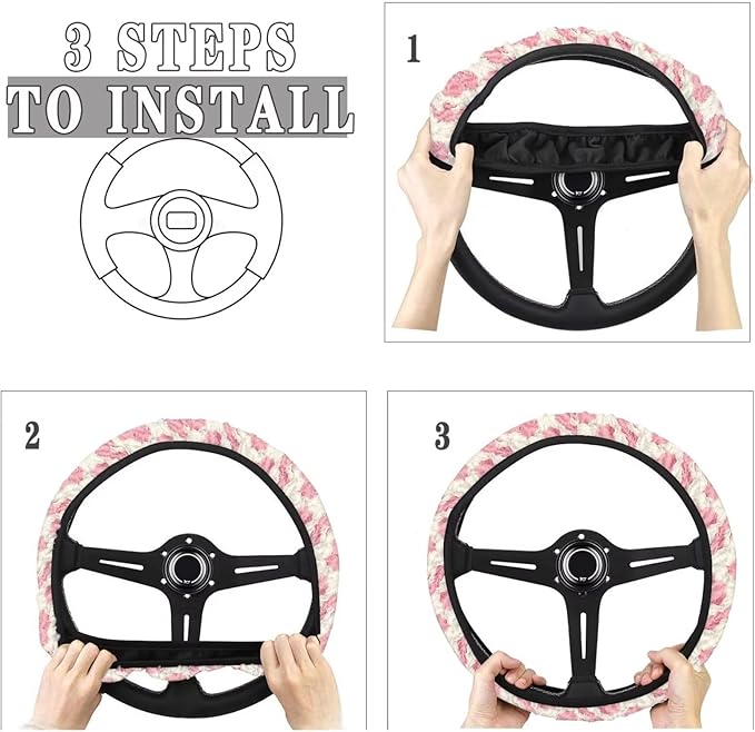 Universal Non-Slip Steering Wheel Cover, 15-inch Polyester Material Driving Accessories, Adjustable for Car and Truck(Blush Pink Furry Leopard)