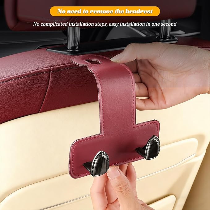 2PCS Car Headrest Hook, Dual Hook Leather Vehicle Back Seat Storage Organizer for Handbag Purse Hat, Multifunction Automotive Seat Back Hanger Holder, Universal for Most Vehicles (Wine Red)