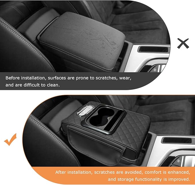 Car Center Console Armrest Pillow, 5-in-1 Armrest Cushion w/ 2 Side Bags, Tissue Box Slot, Cup & Phone Holder, Multifunctional Leather Arm Rest Cover Storage Organizer (Black, Embroidered)