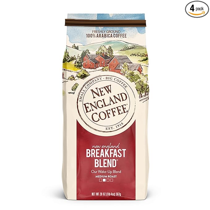 New England Coffee Breakfast Blend Medium Roast Ground Coffee, 20oz Bag (Pack of 4)