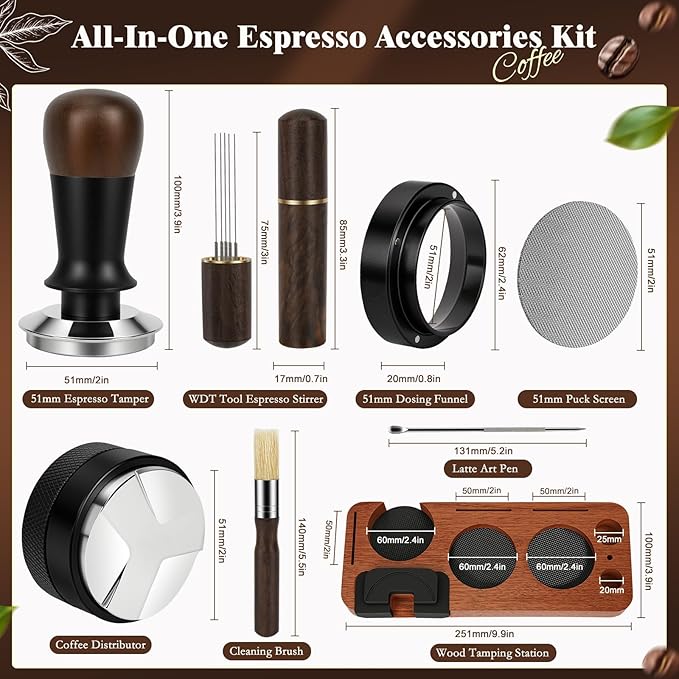 8 PCS Espresso Accessories Kit, 51mm Espresso Tamper Kit Coffee Tamper Set with Coffee Distributor, Espresso Tamping Station, Espresso WDT Stirrer, Puck Screen,Dosing Funnel