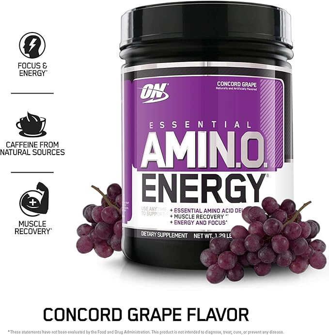 Optimum Nutrition Amino Energy Powder, Concord Grape, 20.6 Ounce, 65 Servings with Essential Amino Energy Plus Electrolyes Sparkling Drink, Grape, 12 Count - Bundle Pack