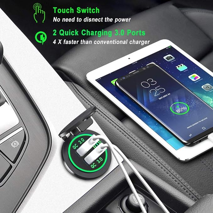 GemCoo 12V/24V USB Charger Socket, 36W QC 3.0 Dual USB Ports, Touch Switch, LED Indicator, Water Resistant, Green, for Car, RV, Boat, Truck, Motorcycle