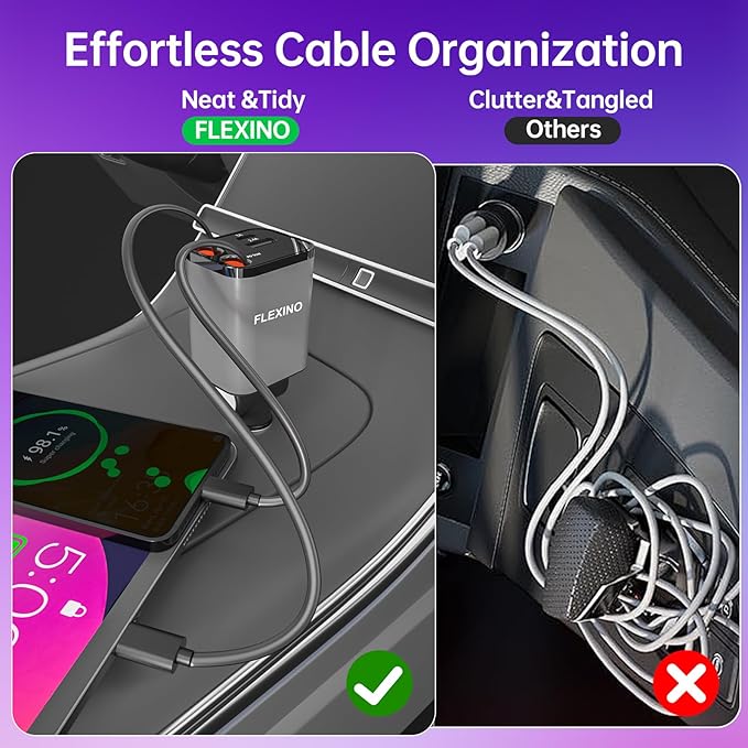 Flexino Retractable Car Charger for iPhone 16, 69W Fast Charging Car Charger USB C, Car Chargers with 2 Retractable Cords 2.6ft, Car Adapter for iPhone 16/15/14/13/12 Series, Galaxy (Grey)
