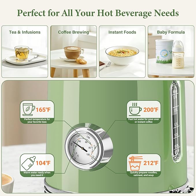 Electric Kettle - 1.7L Hot Tea Water Boiler with Thermometer, 1500W Fast Heating Stainless Steel Pot, Cordless LED Indicator, Auto Shut-Off & Boil Dry Protection, Retro Green