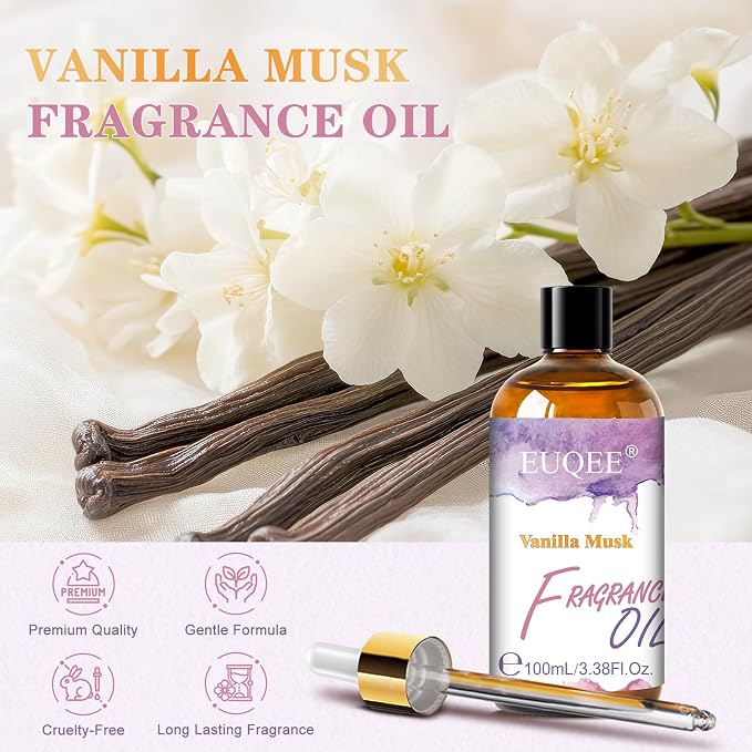 EUQEE Vanilla Musk Fragrance Oil, 3.38 Fl oz/ 100ml Essential Oils for Diffuser, Candle Making, DIY Soap, Aromatherapy with Glass Dropper