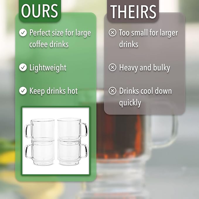 BTaT- Double Walled Stackable Glass Coffee Mugs, 8 oz, Set of 4, Glass Coffee Cups with Handle, Insulated Clear Coffee Mug for Hot and Cold Beverages, Cappuccino, Latte, Tea, Americano