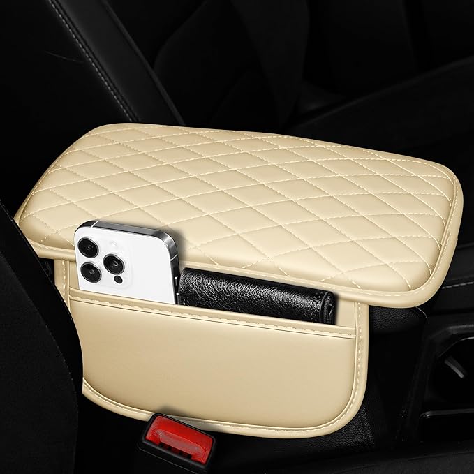 Center Console Cover Compatible with Chevrolet/Chevy Equinox Leather Car Armrest Cover with Storage Pockets.,Anti-Scratch Auto Armrest Pad Accessory （Beige