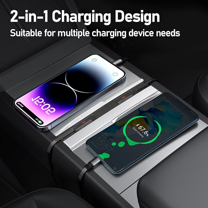 USB Charger Hub for Tesla Model Y 2021-2024 & Model 3 2021-2023 Accessories, Fast Charging Hub with Sliding Cover with 2 Type-C Retractable Cables (Not Fit Model 3 2024)