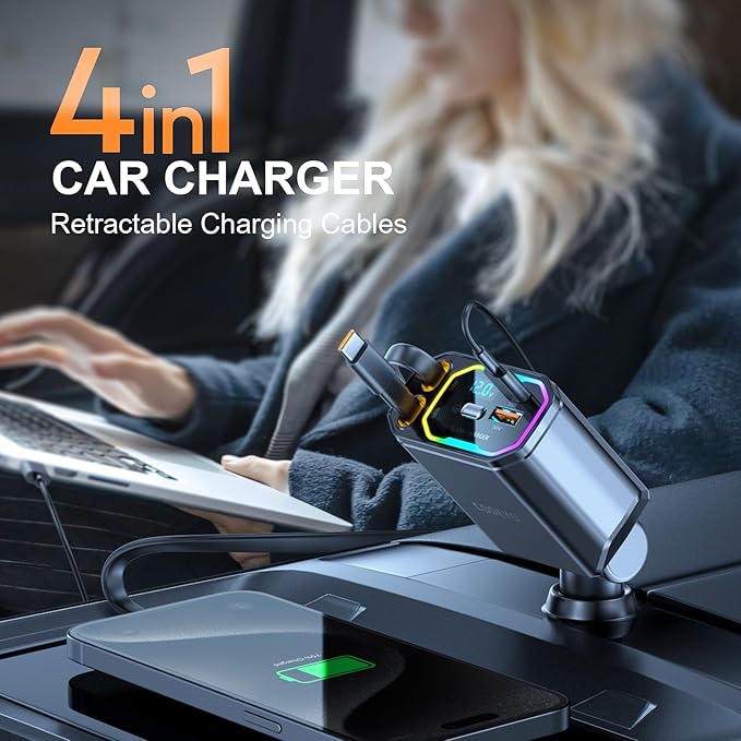 Retractable Car Charger, 146W 4 in 1 (PD 65W) for iPhone 16 Car Charger Fast Charging, 30W for iPhone Car Charger Fast Charging, RGB Light, Car Charger Adapter for iPhone 16 15 14 13 12,Samsung