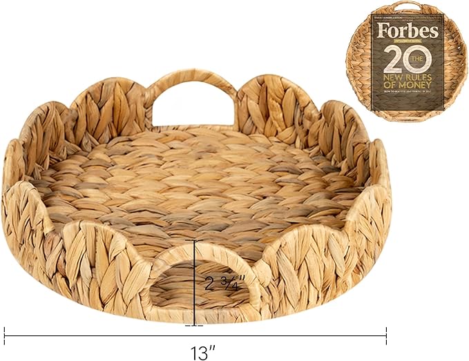 StorageWorks Scalloped Tray, Round Basket Tray Wicker Rattan Serving Tray with Handles, Scallop Basket Table Décor Trays, Water Hyacinth