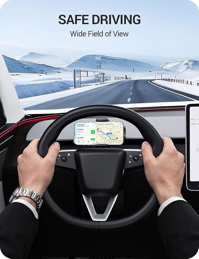 BASENOR Phone Mount for 2025 2026 Tesla Model Y Juniper/Model 3 Highland, Dashboard Phone Holder Does Not Block View [No Adhesive][Dual Arms][360° Adjustable] Tesla Accessories Fit All Smartphone