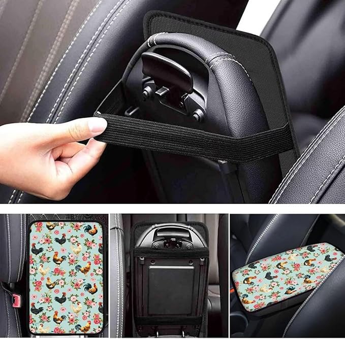 JoyLamoria Rooster Flower Automotive Armrest Pad Protector High Stretchy Car Armrest Cover Easy Install