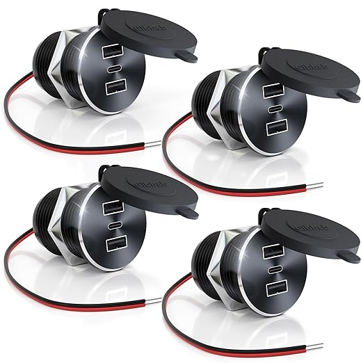 4PCS RV USB Outlet 72W Aluminum Alloy 12V/24V 3 Charging Ports, GIBBAB 36W PD3.0+2 18W QC3.0 Fast Charging Socket, Waterproof Cover Recessed Mount Car Charger Cigarette Lighter Replacement for Camper