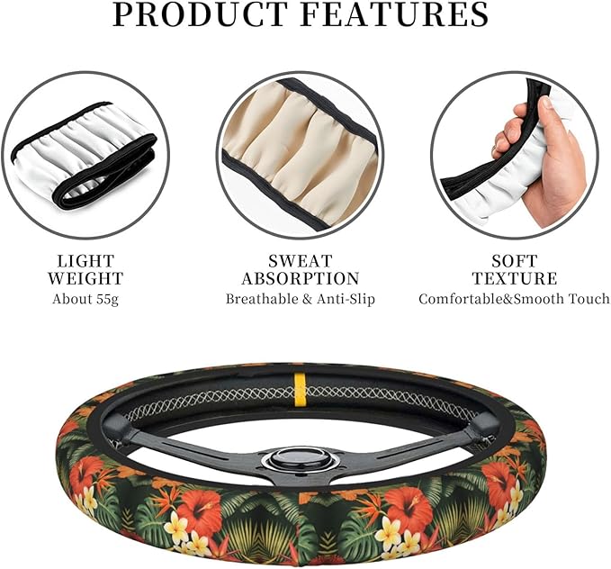 Neoprene Steering Wheel Cover Hawaiian Floral Print Car Steering Wheel Cover Universal Fit for Most Cars