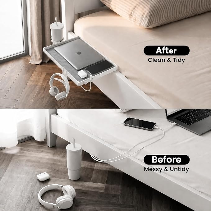 Bedside Shelf Metal, Metal Clip on Bedside Table Shelf for top bunk,Bedside Caddy for College Dorm Room Essentials for Guys(White)