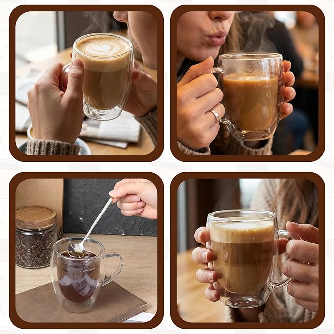 4 Pack Double Wall Glass Coffee Mugs 12 Oz Clear Coffee Mugs with Handle Insulated Cups Glass Mug Heat Resistant Tea Cups for Tea Bag Hot Cold Drink
