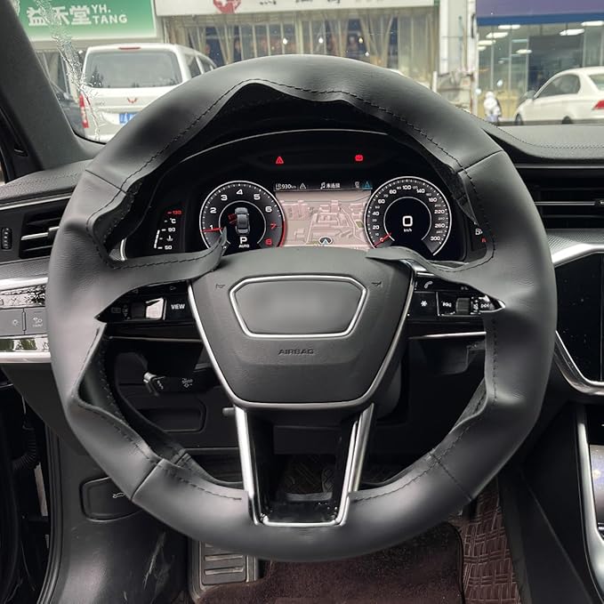 MEWANT Custom DIY Black Smooth Genuine Leather Steering Wheel Cover for Audi A6 Allroad A7 RS 6 Avant RS 7 S6 A7