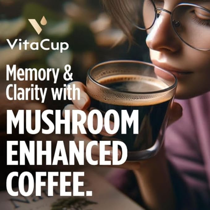 VitaCup Mushroom Coffee Pods, Boost Focus & Immunity w/Lions Mane, Chaga, B Vitamins, D3 for Memory & Clarity, Medium Roast, Single Serve Pod Compatible w/Keurig K-Cup Brewers,16 Ct