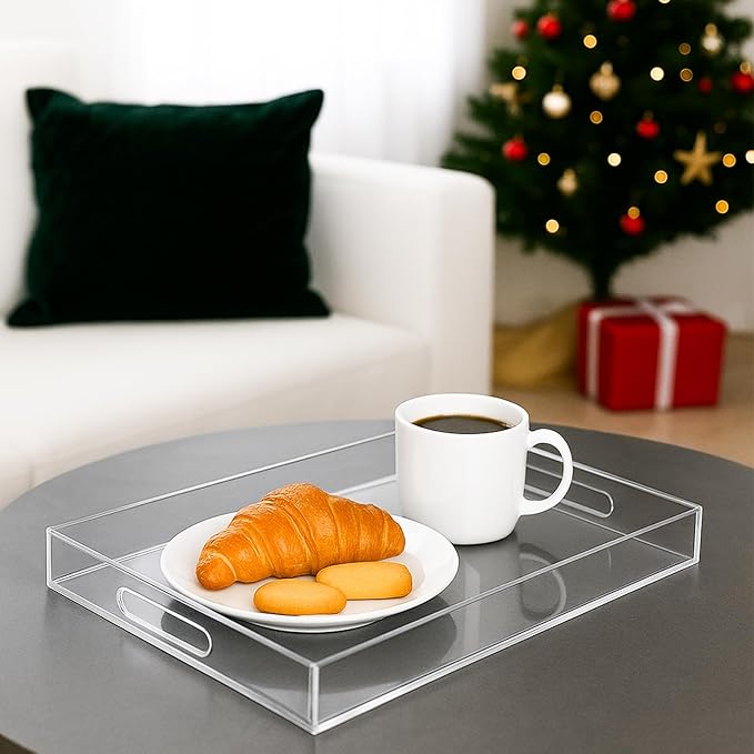 12"x16" Acrylic Serving Tray with Handles, Spill Proof Clear Decorative Tray, Lucite Tray for Coffee Table, Vanity, Makeup Organizer