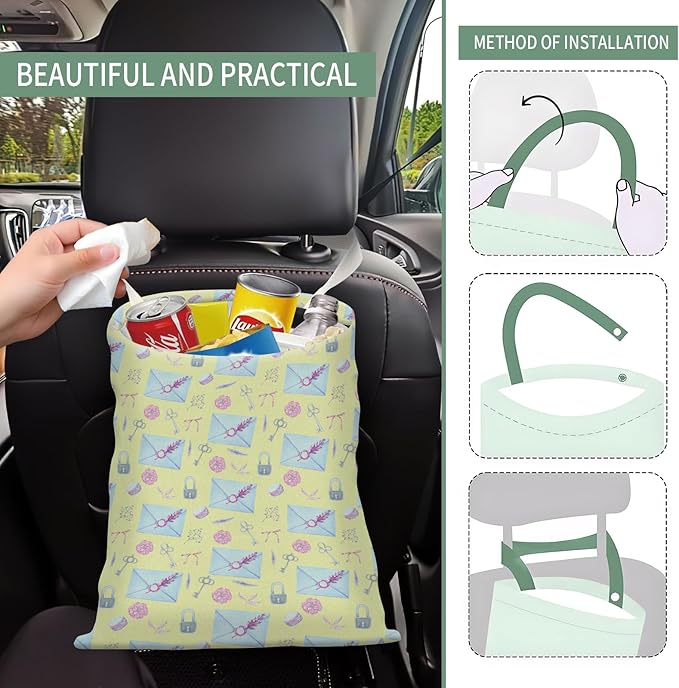Cute Car Trash Can, Hanging Canvas Car Back Seat Organizer and Storage Bag, Funny Car Trash Bag for Travelling, Outdoor Cute Blue Envelope Pattern