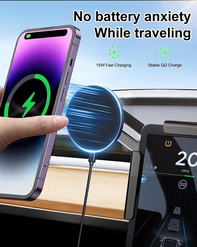 for Tesla Model Y Model 3 Cybertruck 15W Phone Charger Holder [No Annoying Light], Car Phone Mount Charger for Magsafe, Aadapted to iPhone 12 to 17 Series, for Tesla Accessories with 5-foot Cable