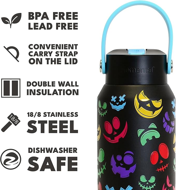 Elemental 40oz Insulated Water Bottle with Straw - 100% Leak-Proof Stainless Steel Core Water Bottles for Travel, Sports and Gym - Double Wall Insulation & BPA Free - Pumpkin Grins