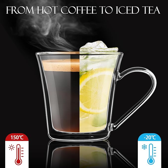 Joeyan 12oz Glass Coffee Mugs, Double Walled Insulated Coffee Mug Set of 2, Clear Glass Latte Cappuccino Espresso Cups with Handle for Home Office, Tea,Beer, Iced Coffee, Hot Chocolate& Gift