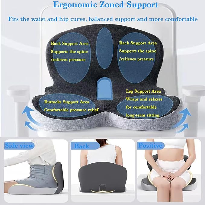 Seat Cushion Memory Foam Pads Seat Cushion for Truck Driver,Office Chair Cushion Home Chair Ergonomic Back Support Memory Foam Chair Cushion for Long Sitting Office Worker (Dark Grey)