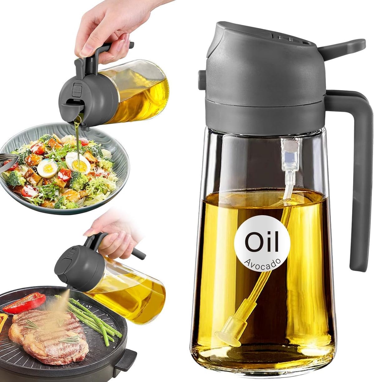 YARRAMATE 16oz/470ml Glass Olive Oil Sprayer for Cooking with Stickers, 2 in 1 Oil Dispenser for Kitchen Gadgets, Food Grade Premium Spray Bottle with Portion Control for Salad, Frying, BBQ (Black)