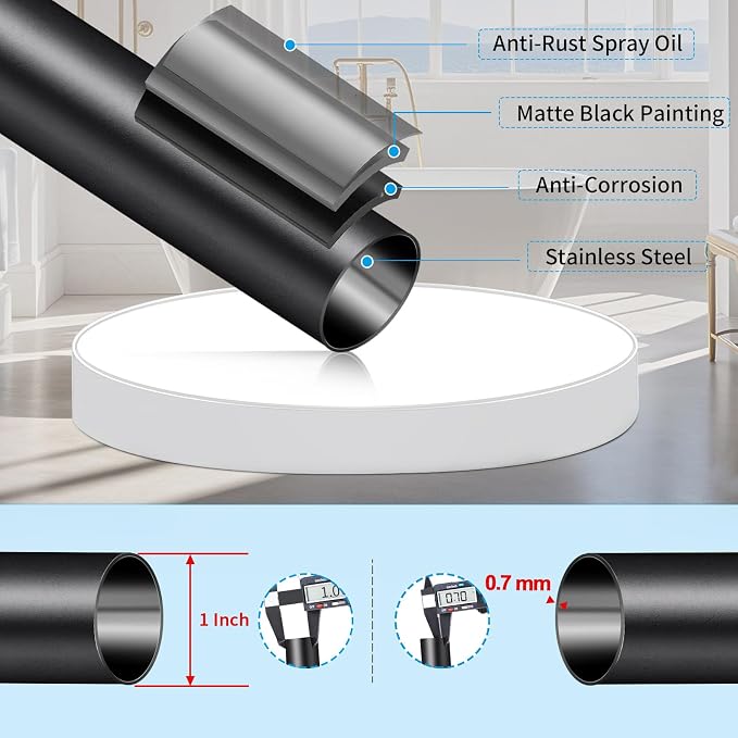 Tension Curtain Rod 34-120In(3-10Ft) with 2 Rod Holders, No Drilling Never Rust Long Shower Curtain Rod, Adjustable Spring Curtain Rod for Large Window or Outdoor Patio, Stainless steel, Matte Black