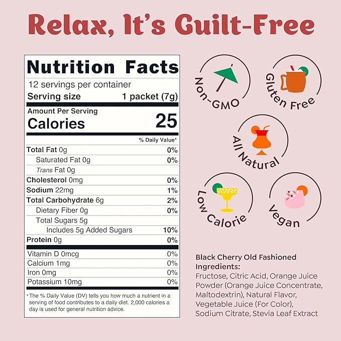 Craftmix Black Cherry Old Fashioned Cocktail & Mocktail Drink Mixer, Skinny Mixes - Water Flavoring Packets Made With Real Fruit - Vegan, Low-Carb, Low-Sugar, Non-GMO, Dairy Free, Gluten Free, 12 Pack