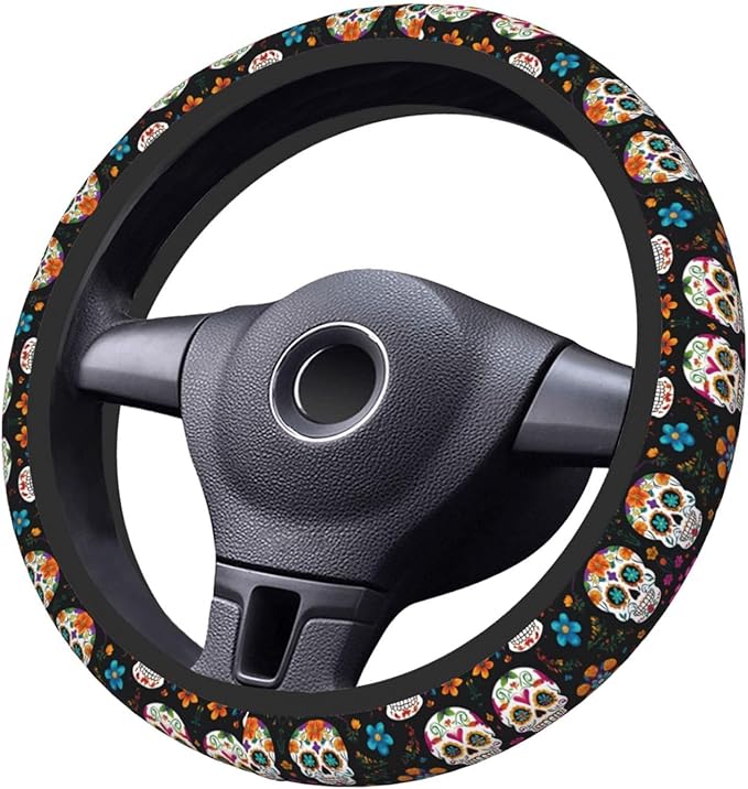Flower Skull Pattern Neoprene Steering Wheel Covers Women Men Car Accessories, Universal 15 Inch Fit Auto, Suvs, Truck