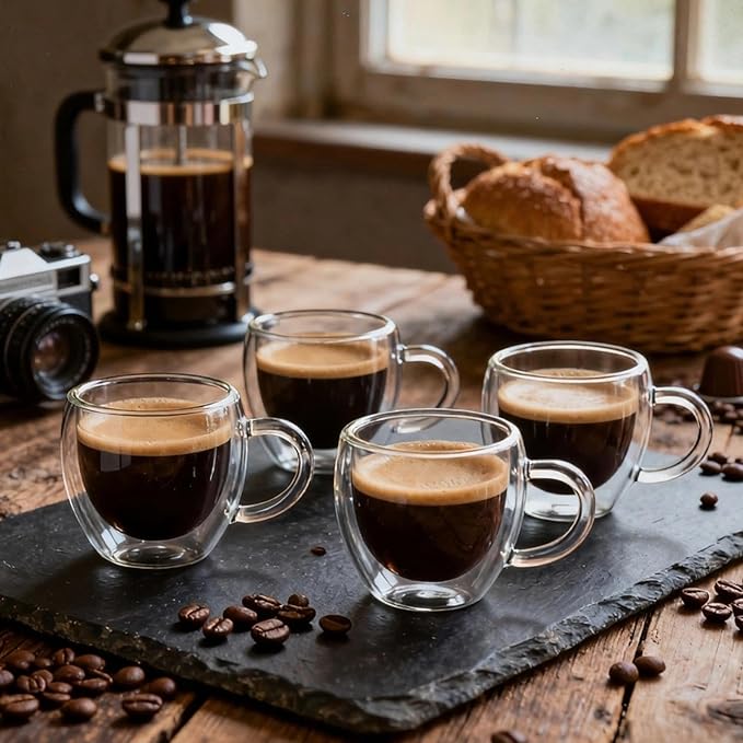 2.5oz Espresso Cups Set of 4, Small Expresso Coffee Cup, Expresso Shot Glass with Handle, Double Wall Insulated Espresso Mugs,Tazas de Cafe Expreso, Fit for Espresso Machine Accessories, Clear