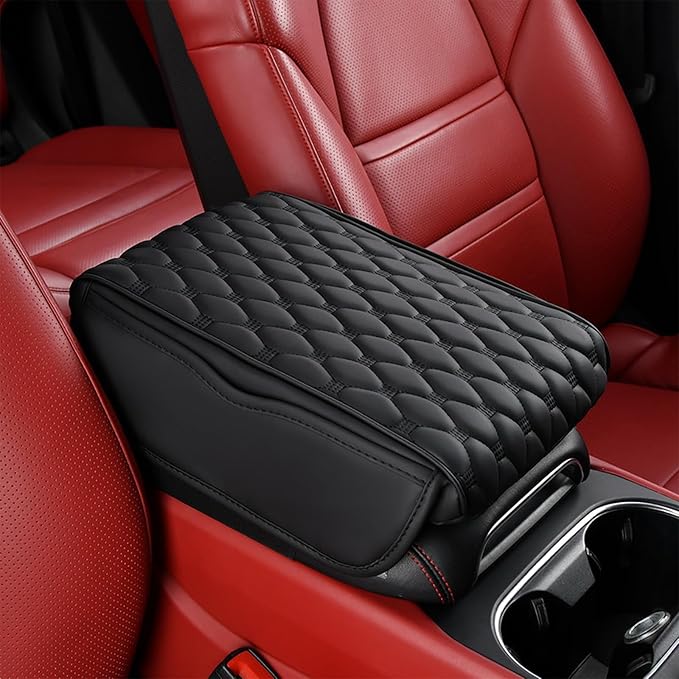 Car Center Console Cushion Pad for Hyundai Elantra 2017-2020, Leather Armrest Box Pad Armrest Cover Arm Rest Cover Pad with 2 Storage Bags Waterproof for Most Vehicles Vehicles SUVs,A/Black