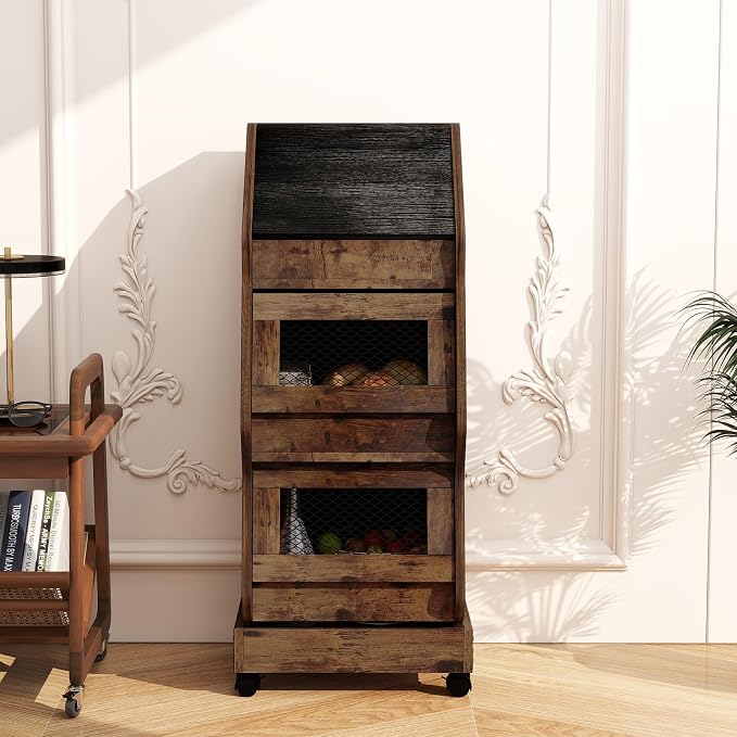 ARTETHYS Potato Storage Bin Movable Bread Box with Lid Rustic and Wheels Onion Organizer with Grocery Section Decorative Vegetable Organization Cabinet for Kitchen