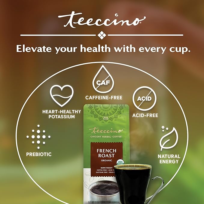 Teeccino French Roast Chicory Coffee Alternative - 11 Ounce - Ground Herbal Coffee That’s Prebiotic, Caffeine-Free & Acid Free, Dark Roast, (Pack of 3)
