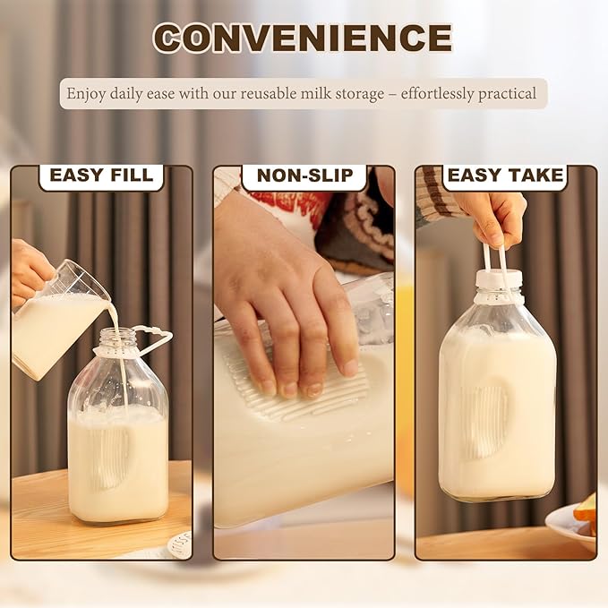 Glass Milk Jugs Containers - Half Gallon Juice Bottles with Airtight Screw Cap and Handle for Milk, Breastmilk, Iced Tea, Cold Water, 64OZ Pitcher Set of 3