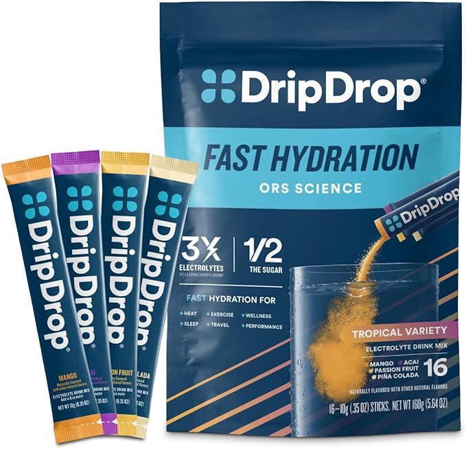 DripDrop Hydration Packets - Tropical Variety Pack - Single Serve Electrolytes Powder Drink Mix - Mango, Açaí, Passion Fruit, Piña Colada - Non-GMO, Gluten Free, Vegan - 16 Sticks