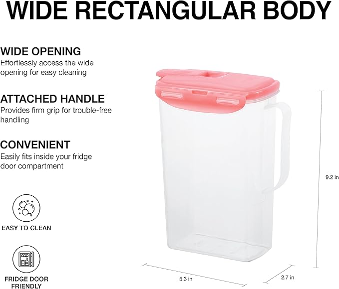 LocknLock Aqua Fridge Door Water Jug with Handle BPA Free Plastic Pitcher with Flip Top Lid Perfect for Making Teas and Juices, 2 Quarts, Pink