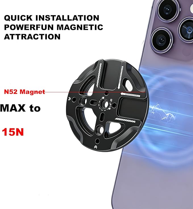 Magnetic Tripod Mount Adapter with 1/4" Threads & Multi-Angle Arri Holes, MagSafe Compatible Stand for iPhone 16 Pro Max, 15 Plus, 14, 13, 12 Mini - ME60 (MS60-BLK)