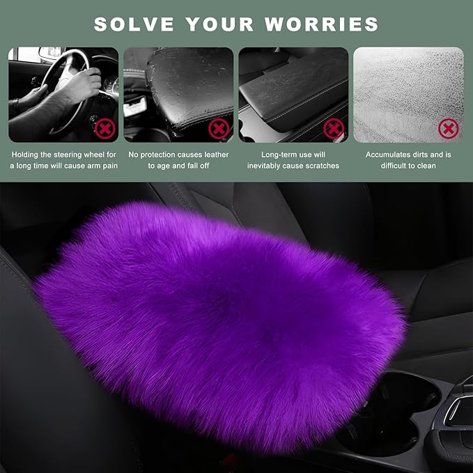 Furry Car Center Console Cover Pad, 11.8"×7.9" Auto Fluffy Plush Center Armrest Protective Cover, Comfortable Fuzzy Armrest Seat Box Protector Cushion for Cars Trucks SUVs (Purple)