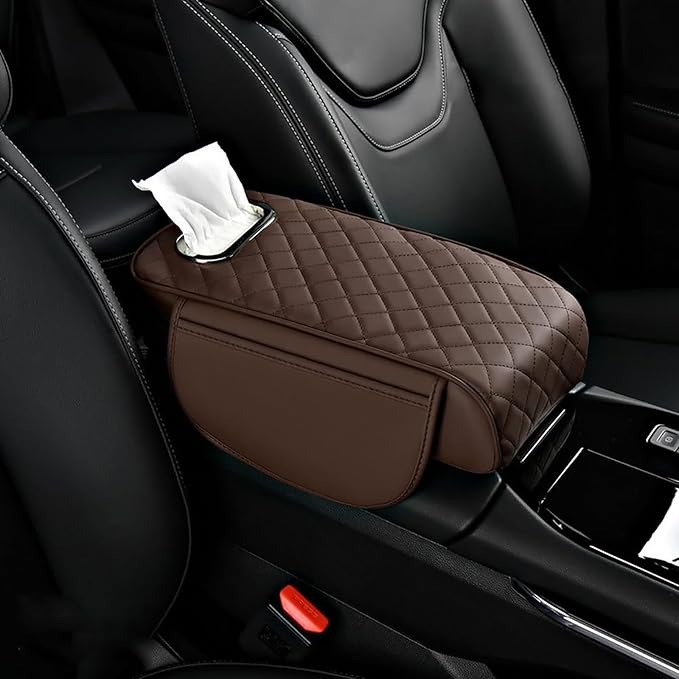 Car Arm Rest Cover Pad for Ford Maverick 2022 2023 2024, Leather Memory Foam Center Console Cushion with 2 Storage Bags and a Tissue Box Universal Car Interior Accessories,D/Coffee