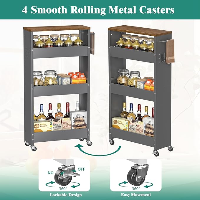 Slim Storage Cart, 4-Tier Kitchen Rolling Cart Narrow Storage Cabinet with Handle & Wheels, Metal Rolling Shelf Unit for Kitchen Bathroom Laundry Small Places (5.9IN/ Gary/Brown)