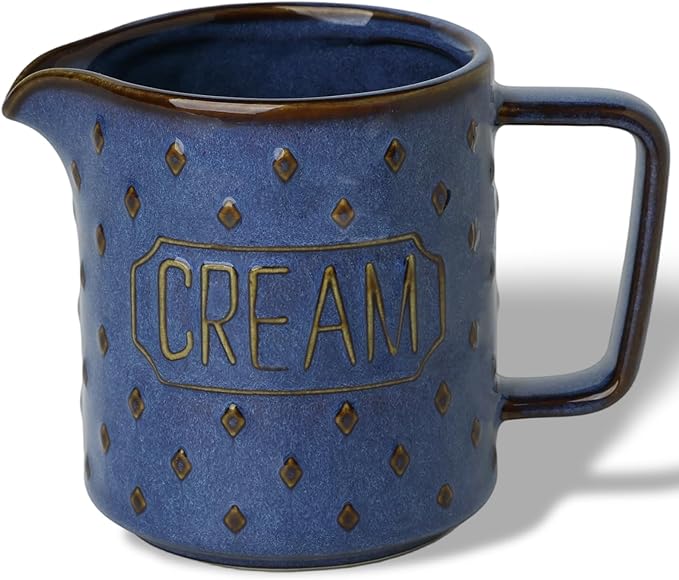 9 OZ Creamer Pitcher, Ceramic Creamer with Handle, Small Milk Pitcher Cup for Coffee, Sauces, Salad, Microwave & Dishwasher Safe (Vintage Blue)
