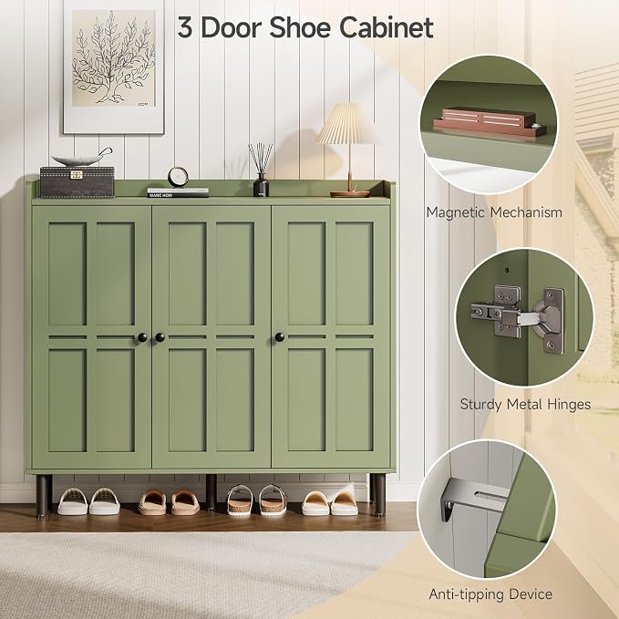 ONBRILL Shoe Cabinet with 3 Doors and Adjustable Shelves, 30 Pairs Shoe Storage Cabinet, 40 Inch Tall Farmhouse Shoe Rack Shoe Organizer Cabinet for Entryway Living Room Closet, Green