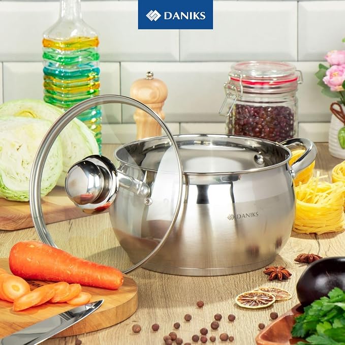 Daniks Classic 2 Quart Stainless Steel Stock Pot with Glass Lid, Tri-Ply Bottom for Even Heating, Induction Compatible, Dishwasher Safe
