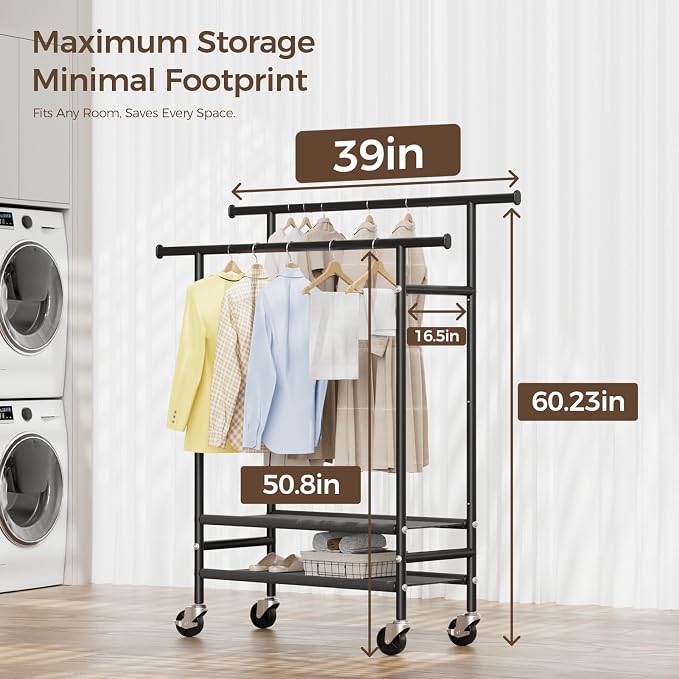 HYSEYY Rolling Clothes Racks, Double Rods Clothing Rack
