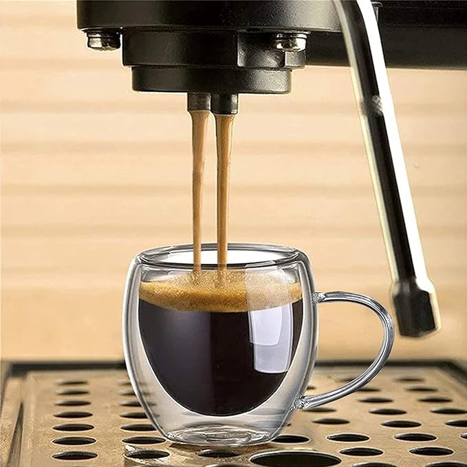 8oz Double Walled Glass Coffee Mugs with Handle, Clear Cappuccino Glass Mug Set of 4, Insulated Layer Coffee Cups, Clear Borosilicate Glass Mugs, Glasses Espresso Mugs for Coffee