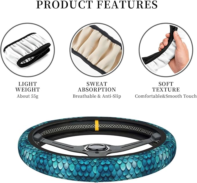 Blue Teal Mermaid Fish Scales Art Car Steering Wheel Cover, 15 Inch Steering Wheel Cover Stylish Decor for Most Cars